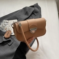 Minimalist caramel PU leather crossbody bag with silver triangular metal buckle closure - Khaki