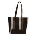 Bolso tote grande de lona con rayas verticales en blanco y negro y detalles de cuero - Negro