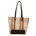 Bolso tote de lona a rayas con asas de cuero marrón y base reforzada de alta calidad - Blanco