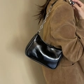 2024 stylish black faux leather underarm bag with thick silver chain for modern women - Black