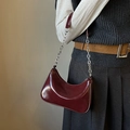 Chic burgundy patent leather underarm bag with silver chain strap for women - Burgundy