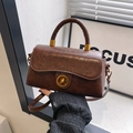 Vintage dark brown crossbody bag with faux leather texture and gold rotary lock - Brown No Pendant
