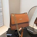 Brown patchwork shoulder bag with crocodile texture and gold chain strap - Brown
