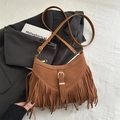 Brown faux suede crossbody bag with vintage fringe tassels and metal buckle closure - Brown
