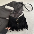 Retro black suede fringe shoulder bag with bohemian tassels and golden metal buckle - Black