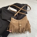 Bohemian brown suede tassel tote bag with fringe details and adjustable shoulder strap - Khaki