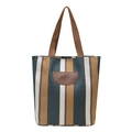 Minimalist striped canvas tote bag with brown leather patch and woven handles for women - Blue