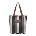 Striped canvas tote bag in black and white with brown leather logo patch and long handles - Black