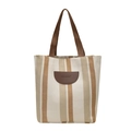 Vertical striped canvas tote bag in beige and khaki with brown webbing handles - White