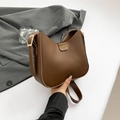 Dark brown matte PU leather half-moon shoulder bag with vertical stitching and buckle strap - Brown