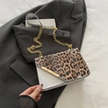 Fashionable leopard print flap chain bag in grey with gold metal trim and strap - Silver
