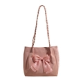 Pink tote bag with large organza bow and woven rope handles for summer style - Pink