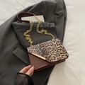 Fashionable leopard print flap crossbody bag with premium brown leather and gold chain - Brown