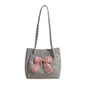 Modern grey tote bag with large pink bow and woven shoulder straps for women - Silver