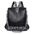 Zaino da donna chic in ecopelle nera con accenti leopardati alla moda e dettagli in metallo argento - Nero