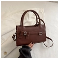 Minimalist dark brown square handbag with decorative bow and silver metal buckles - Brown