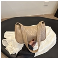 Beige woven texture crescent shoulder bag with minimalist aesthetic and wide strap - Khaki
