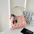 Borsa tote in velluto a coste rosa con stampa ciliegia, manici intrecciati e foulard - Rosa Ciliegia