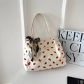 Borsa tote in velluto a coste con stampe di fragole e foulard in seta decorativo - Fragola Bianco