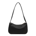 Elegant black woven faux leather baguette underarm bag with gold zipper and shoulder strap - Black