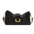 Elegant black glossy shoulder bag with a gold U-shaped buckle in a minimalist design - Black