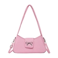 Borsa baguette rosa in denim con fiocco in metallo argento e tracolla regolabile - Rosa
