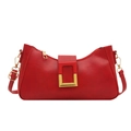 Minimalist red leather shoulder bag with a gold buckle and adjustable strap - Red