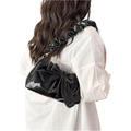 Chic black patent leather underarm bag with a large satin bow and ruffled shoulder strap - Black