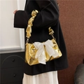 Gold metallic party handbag with oversized white bow and pleated shoulder strap - Gold