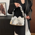 Silver mirror crossbody bag featuring a large white organza bow and metal chain strap - Silver