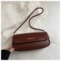 Minimalist deep brown baguette shoulder bag with gold hardware and flap closure - Brown
