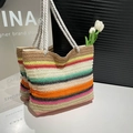 Colorful rainbow striped woven straw tote bag with thick white rope handles for beach - Style 3 (Retro Orange Stripes)