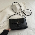 Retro black woven leather shoulder bag with sleek gold metal buckle closure - Black
