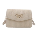 Chic woven beige shoulder bag with golden bow hardware and adjustable strap - White