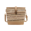 Beige geweven emmertas met kaki lederen bies en verstelbare gouden schouderriem - Khaki / 20*10.5*17.5