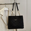Chic black quilted canvas tote bag with sequins and elegant gold chain handles - Black