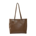 Minimalist large capacity dark brown PU leather tote bag with elegant bronze metal rings - Brown
