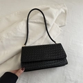 Minimalist black rectangular handbag with embossed woven texture and gold hardware detail - Black