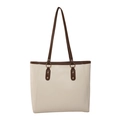 Minimalist cream and brown tote bag with gold hardware accents on white background - Off White