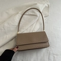 Chic beige woven texture baguette shoulder bag with stylish gold metal hardware - Khaki