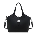 Classic black matte leather tote bag with silver metal clasp and detachable strap - Black