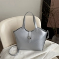 Silver metallic bucket bag with top handles and adjustable strap for women - Silver