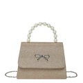 Elegant gold glitter evening handbag with pearl handle and silver bow for women - Gold