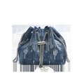 Dark blue denim bucket bag with silver sequins, chain strap and pearl accents - Dark Blue