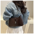 Dark brown faux leather underarm bag with crocodile pattern and silver metal buckle - Coffee