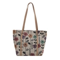 Sac à bandoulière en toile jacquard fleurie beige avec poignées en cuir marron - Kaki
