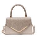 Elegante beige Umhängetasche mit goldglänzenden Pailletten und Metall-V-Besatz für Damen - Khaki
