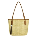 Bolso tote de paja con asas de cuero marrón y borla decorativa para el verano - Marrón