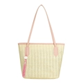 Bolso tote grande de paja tejida beige con asas de cuero rosa y colgante de borla - Rosa