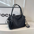 Large black nylon commuter bag with multi-layer zippers and detachable shoulder strap - One Size / Black